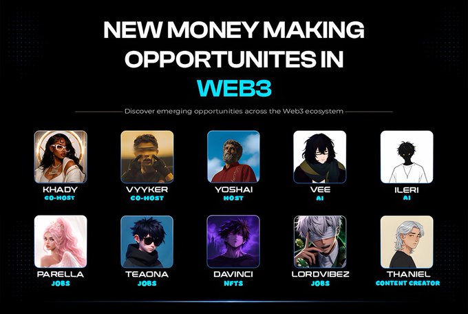 A promotional graphic titled "NEW MONEY MAKING OPPORTUNITIES IN WEB3" showcases 10 character avatars (Khady, Vyyker, Yoshai, Vee, Ileri, Parella, Teaona, Davinci, Lordvibez, and Thaniel) labeled with roles like Co-Host, Host, AI, Jobs, NFTs, and Content Creator, visually representing the various emerging opportunities in the Web3 ecosystem highlighted in the post.