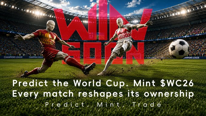 Promotional poster for a World Cup prediction token $WC26, showing two soccer players competing for a ball with text: 'Predict the World Cup. Mint $WC26 Every match reshapes its ownership. Predict. Mint. Trade.'