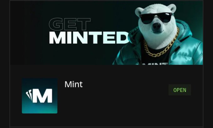 A promotional graphic with a polar bear mascot wearing sunglasses and a gold chain over the text 'GET MINTED,' showing a Mint app with an 'OPEN' button.