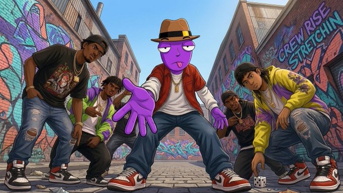 A digital illustration of a purple humanoid character wearing a brown fedora, red jacket, white shirt, and jeans, standing in the center of a graffiti-covered alleyway surrounded by four young men in streetwear, with text reading "CREW RISE STRETCHIN" on the wall.