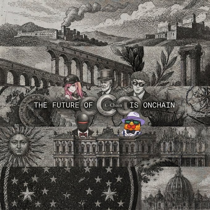A collage with the text 'THE FUTURE OF C-Chain IS ONCHAIN' featuring vintage engravings, anime characters, and meme figures.