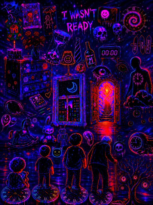 A vibrant, surreal digital illustration in red and blue tones featuring the text 'I WASN'T READY', an open doorway, skulls, an eye, clocks, and children standing on clock faces.