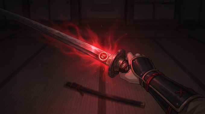 Digital artwork of a hand in armor gripping a katana with a glowing red aura and symbol on the hilt, in a dark room with a sheathed sword on the floor.