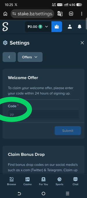 A mobile screenshot of the stake.bz/settings page showing a Welcome Offer code input field circled in green where 'pp' has been entered.