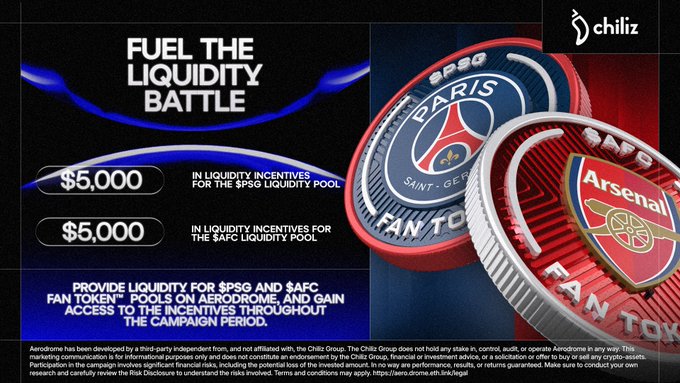 The image features a poster for a fan token pool, with two circles representing the Paris and Arsenal clubs. The poster includes text that encourages people to vote for the PSG or AFC Fan Token pools by purchasing them. The poster also highlights the benefits of these pools, such as liquidity incentives provided by the PSG/USDC and AFC/USDC pools.