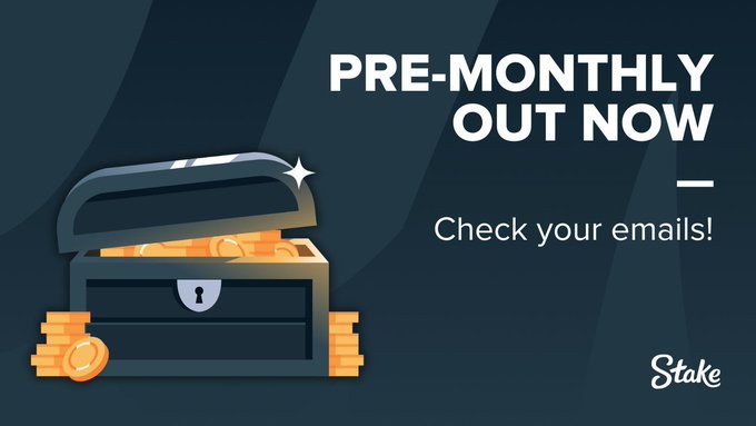 The image features a dark-themed promotional graphic with an open treasure chest overflowing with gold coins, accompanied by the bold text "PRE-MONTHLY OUT NOW — Check your emails!" and the Stake logo in the bottom right corner. It directly supports the post's announcement by visually highlighting that the Stake.us "Pre-Monthly" bonus has been released and is waiting in subscribers' inboxes.