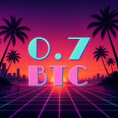 A retro synthwave/vaporwave style graphic with palm trees, a sunset, and grid lines, featuring the text "0.7 BTC" in cyan and pink retro fonts.
