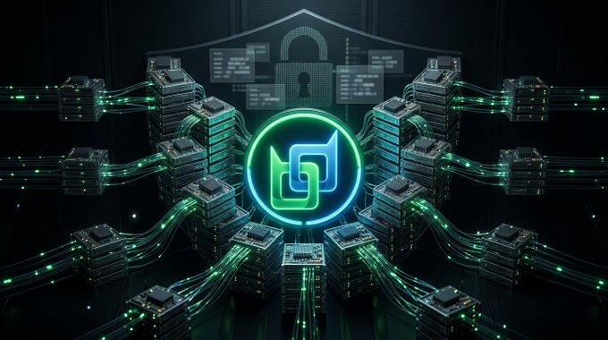 A digital graphic showing stacked computer servers connected by glowing green cables, with a central shield and lock icon and a neon green logo symbol.