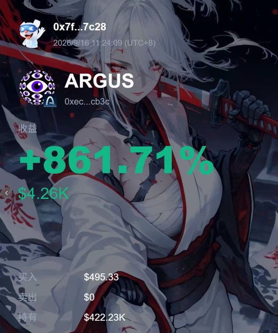 Anime-style trading graphic showing wallet '0x7f...7c28' with massive gains of '+861.71%' on token ARGUS, totaling $4.26K, set against a white-haired warrior illustration.