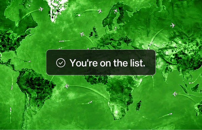 A green-tinted world map shows scattered airplane icons and a central confirmation banner reading "You're on the list." with a checkmark, signaling successful signup for the Umbrella "Genesis Virus Allocation" presale, where users are promised Pfizer ($PFE) stock rewards—tying into the post's satirical finance meme about "infecting the world" for profit.