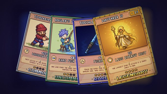 Four trading cards from a video game are displayed, including 'Lumberjack', 'Angler's', 'Tidecaller', and the legendary 'Waymaker IV' which grants 'Less Energy Cost'.