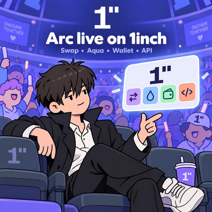 An anime-style illustration showing a young man in a suit pointing at a graphic that reads '1" Arc live on 1inch - Swap • Aqua • Wallet • API' in a stadium setting with fans holding 'ONCHAIN TOGETHER' signs.