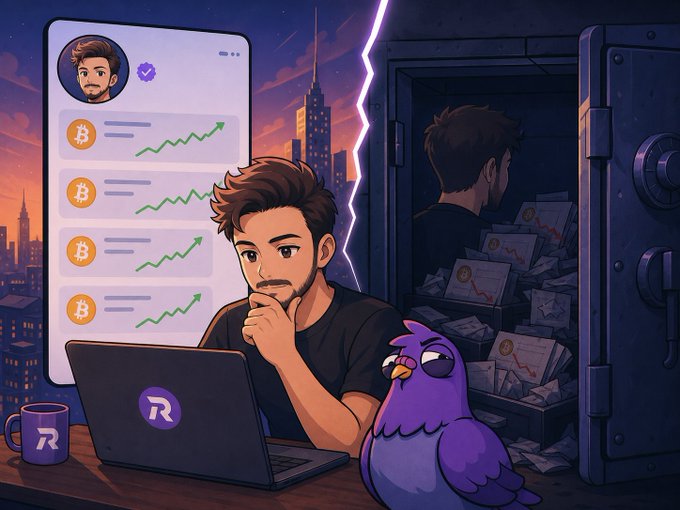 An illustrated scene shows a bearded man at a laptop displaying Bitcoin price charts on the left, while the right side shows him in a vault full of money, separated by a lightning bolt, with a purple bird beside him.