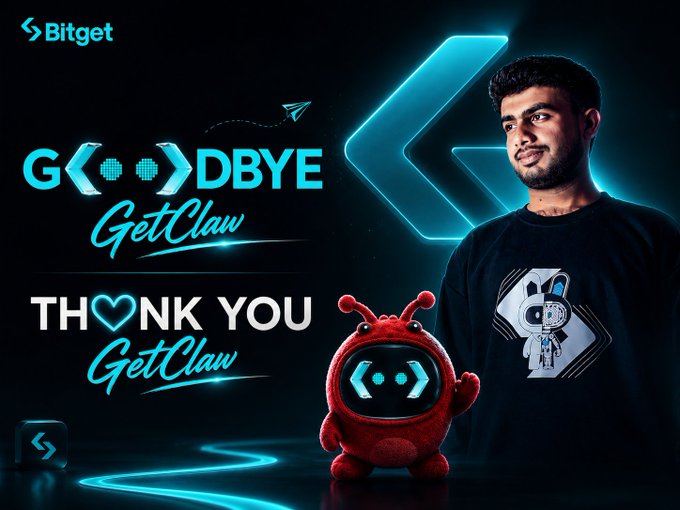 The image is a farewell graphic from Bitget's "GetClaw" Telegram community, featuring a man and a red robot mascot against a glowing teal background. Prominent text reads "GOODBYE GetClaw" and "THANK YOU GetClaw," echoing the post's tribute to the platform being shut down. The Bitget logo appears in the top left, tying the farewell message to the brand.