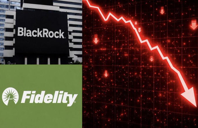 The image shows the BlackRock and Fidelity logos alongside a red downward-pointing trend line and falling arrow graphics, visually representing the major $61.1 million Bitcoin sell-off conducted through their ETFs. The financial firm's branding paired with bearish market indicators illustrates the significant capital outflow from these spot Bitcoin ETF products.