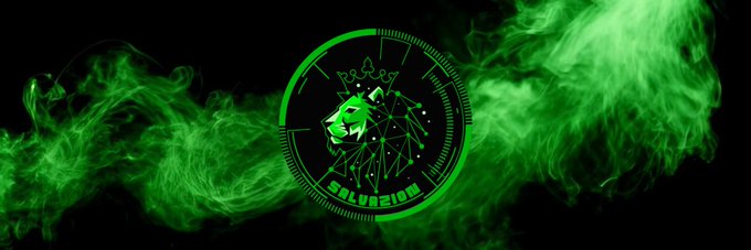 A dramatic banner image featuring green smoke swirling around a central emblem of a geometric lion head wearing a crown, encircled by a tech-inspired ring with the text "SALVAZION" displayed at the bottom — designed as the official banner for the Solana token $SALVAZION.