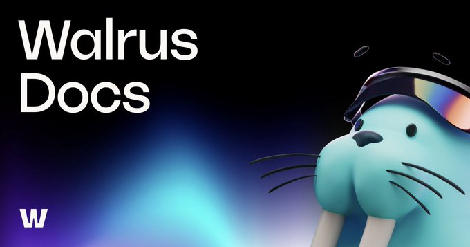 A logo for 'Walrus Docs' featuring a 3D-rendered teal walrus wearing sunglasses and a visor with a halo, alongside a 'W' logo.