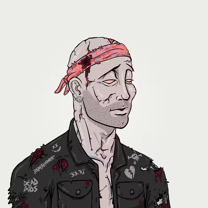 An illustrated portrait depicts a zombie-like figure with pale cracked skin, a red bloodstained bandana, and a black jacket adorned with patches reading 'DEAD GODS', 'PAPERHANDS', and '33.3%'.