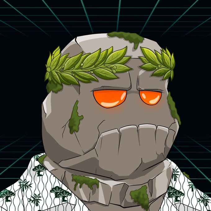 A cartoon stone golem with glowing orange eyes, moss patches, and a leafy laurel crown wears a shirt with a tree pattern, set against a retro grid background. The image serves as a thematic mascot or logo for "GOErealm," a project offering guaranteed giveaway spots in exchange for engagement and wallet submission.