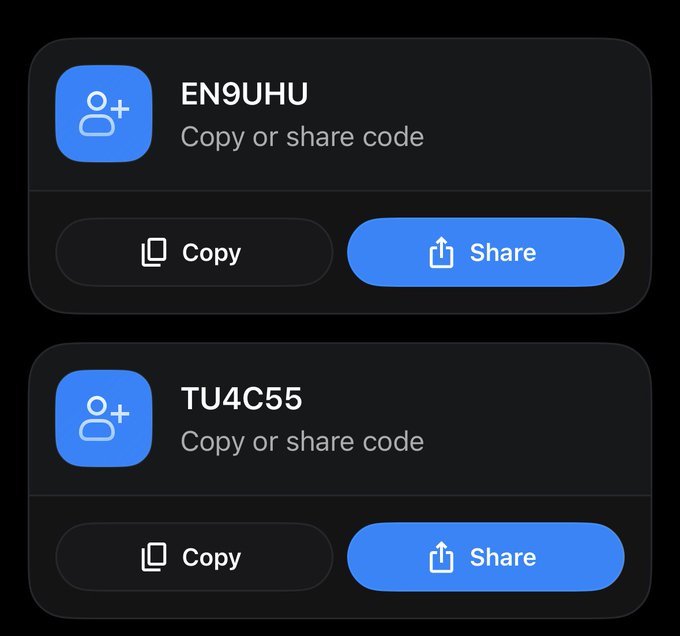A digital interface displaying two share codes, 'EN9UHU' and 'TU4C55', each with 'Copy' and 'Share' buttons.