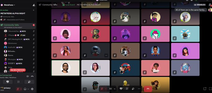 A screenshot of a MetaFrame voice chat interface showing "METAFRENS ALPHA NIGHT" live event with multiple participant avatars arranged in a grid.