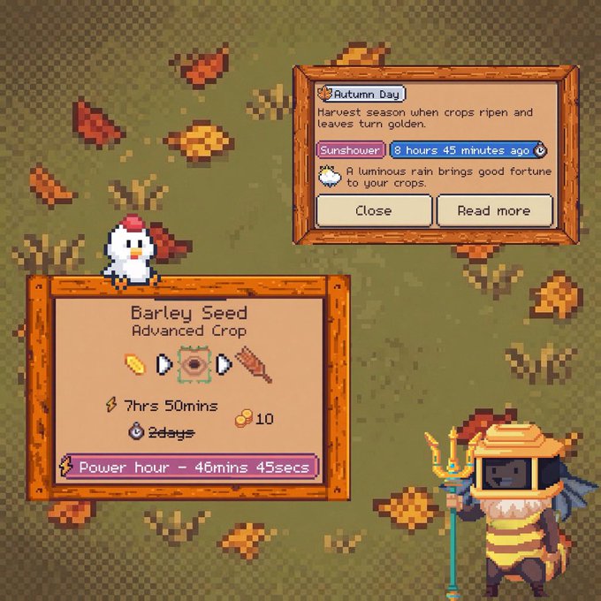 A pixel art game interface displaying a "Barley Seed" crop info panel and an "Autumn Day" / "Sunshower" weather notification, with a small chicken and a masked character holding a trident in the background.