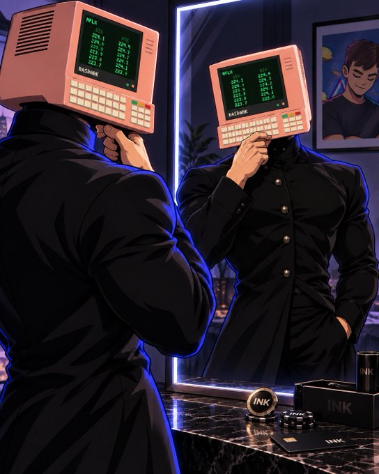 An illustration of a person in a black coat looking into a mirror, with a vintage computer monitor replacing their head, displaying green text on a black screen.
