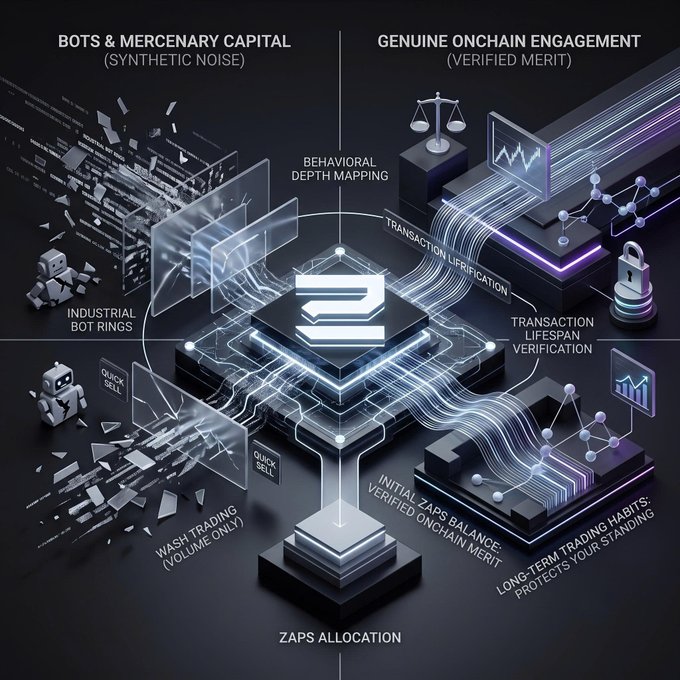A digital graphic contrasting 'BOTS & MERCENARY CAPITAL (SYNTHETIC NOISE)' on the left with 'GENUINE ONCHAIN ENGAGEMENT (VERIFIED MERIT)' on the right, connected by streams to a central 'ZAPS ALLOCATION' hub.