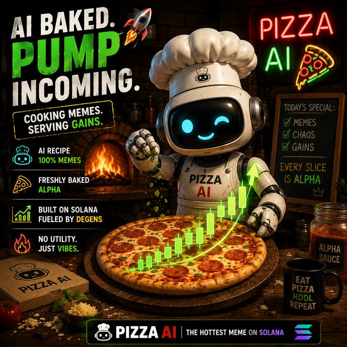A vibrant meme-style promotional poster features a robotic chef wearing a chef's hat, holding a pepperoni pizza overlaid with a green upward-trending financial chart; text includes 'AI BAKED. PUMP INCOMING.', 'PIZZA AI', and 'THE HOTTEST MEME ON SOLANA'.