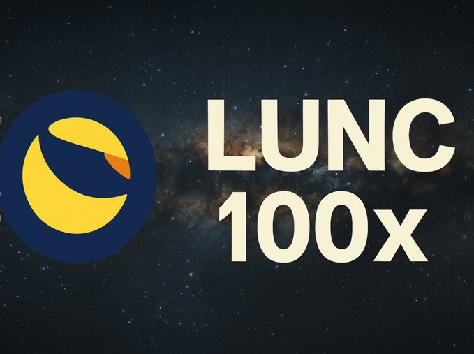 A promotional graphic features a yellow bird logo in a blue circle alongside the bold text 'LUNC 100X,' set against a starry night sky background.