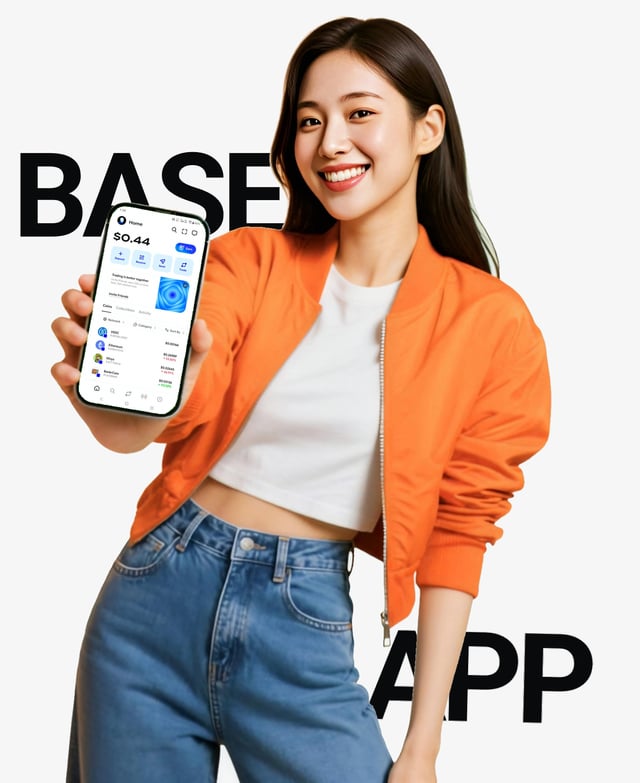 The image features a woman standing against a white background, holding up her phone displaying an app called "Base App". She appears to be smiling as she shows off the app. The text above the photo reads "Base App: A Potential Consumer Gateway for Onchain Adoption", which suggests that this app could potentially be related to blockchain technology or cryptocurrency adoption.

The woman is wearing a white shirt and blue jeans, giving her a casual yet stylish appearance. She seems to be promoting the app in a friendly manner, possibly as part of an advertisement or social media campaign.