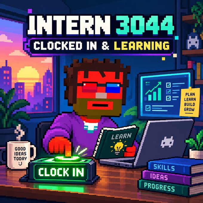 Pixel-art game cover for 'INTERN 3044' with the subtitle 'CLOCKED IN & LEARNING,' showing a character at a desk with a laptop, books labeled 'SKILLS, IDEAS, PROGRESS,' and a 'CLOCK IN' button.