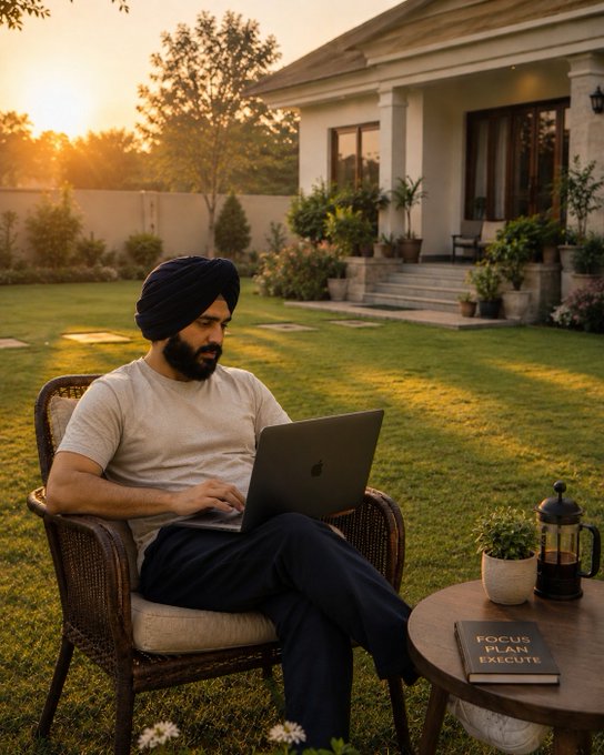 A man wearing a turban sits on a wicker chair in a sunset-lit garden, working intently on a laptop, with a side table displaying a book titled "FOCUS PLAN EXECUTE," a small plant, and a French press—mirroring the post's theme of taking intentional, focused control over personal data and daily habits.