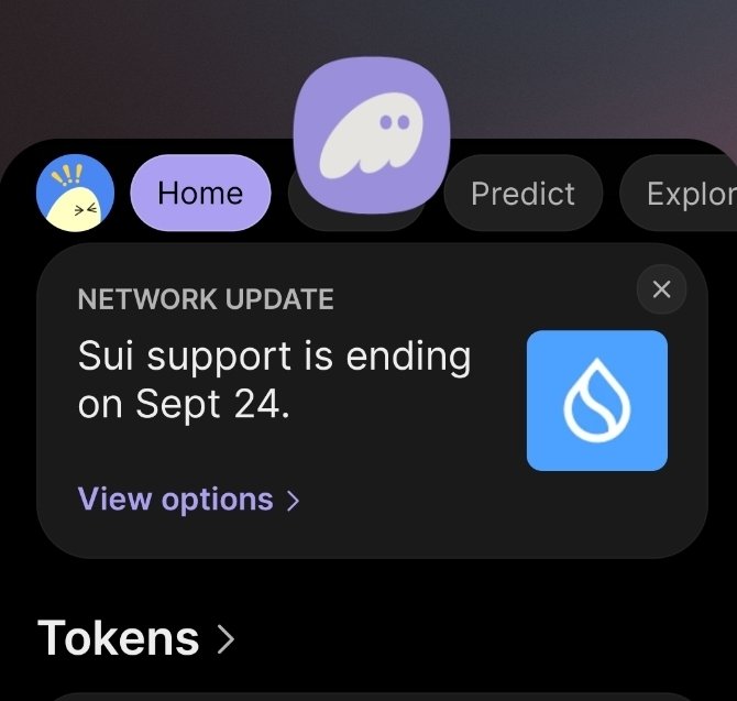 Mobile app screenshot showing a network update notification stating 'Sui support is ending on Sept 24' with the Sui blockchain logo.
