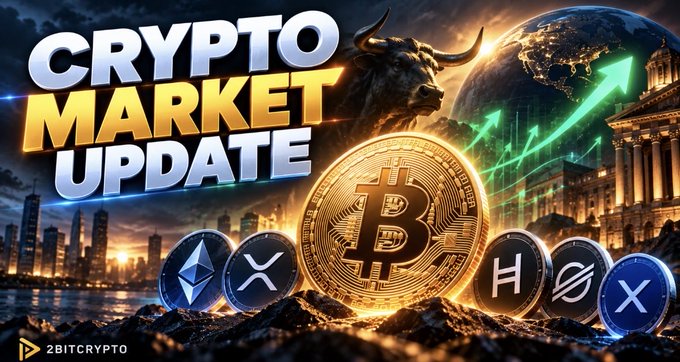 A promotional graphic for 'CRYPTO MARKET UPDATE' by 2BITCRYPTO featuring a large Bitcoin coin, a bull, and smaller cryptocurrency logos (ETH, XRP, HBAR, XLM) against a city and globe backdrop.