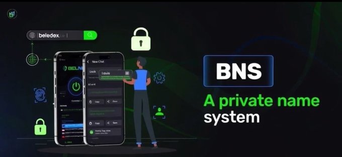 A promotional graphic for BNS, described as 'A private name system,' showing a user searching for 'beledex' on a mobile app interface.