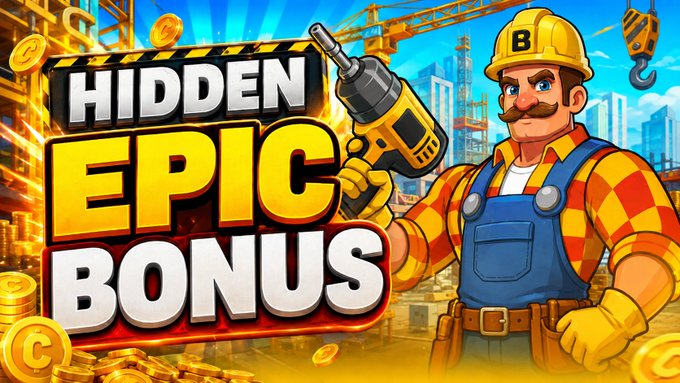 A cartoon construction worker in a hard hat holds a power drill beside bold "HIDDEN EPIC BONUS" text, with gold coins and a city skyline in the background—visually promoting the crypto giveaway by emphasizing a "bonus" prize. The imagery reinforces the post's call to action for a Stake giveaway, suggesting hidden rewards for those who engage.