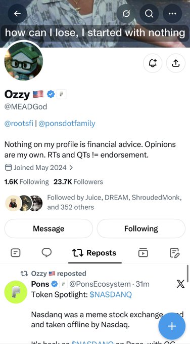 A screenshot of Ozzy (@MEADGod) Twitter/X profile showing 23.7K followers, featuring a repost of Pons (@PonsEcosystem) highlighting the $NASDANQ token spotlight about NasdandQ, a meme stock exchange that was taken offline by Nasdaq.