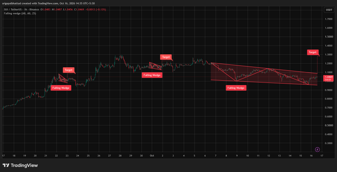 A TradingView financial chart shows the price movement of 'XRP/TetherT' on Binance, featuring red shaded zones marked 'Target' and 'Falling Wedge' patterns.