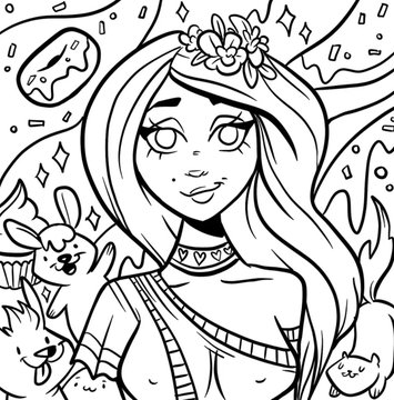 A black and white coloring page featuring a smiling girl with long hair, a flower crown, and a small bunny rabbit in the background.