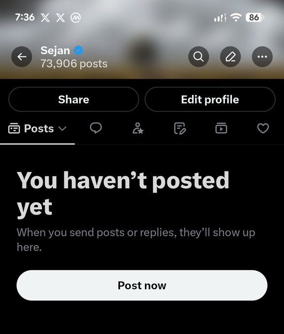 A screenshot of a Threads profile for "Sejan" (verified, 73,906 posts) showing an empty Posts tab with a "You haven't posted yet" message and a "Post now" button, suggesting anticipation of a comeback post — fitting the "What's X cooking again" caption hinting at new content on the horizon.