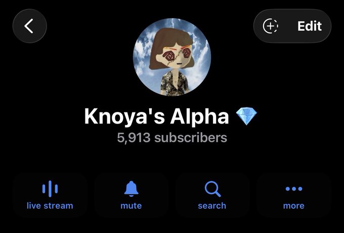A YouTube channel page for "Knoya's Alpha" with 5,913 subscribers, featuring an avatar of a doll with pink eyes against a cloudy sky background.