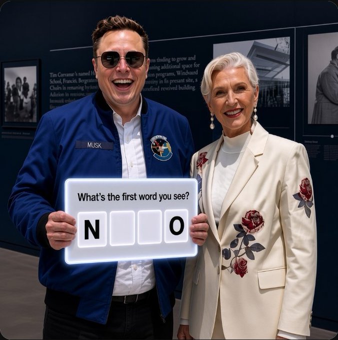 A photo showing Elon Musk wearing sunglasses and a 'MUSK' jacket standing next to an older woman, holding a sign that says 'What's the first word you see?' with the letters 'N' and 'O' visible.