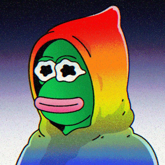A cartoonish green-faced figure with wide, starry-eyed expressions wears a red-to-yellow gradient hood, fitting the "gm hoodies" caption as the character sports a colorful hoodie as its new profile picture. The grainy, retro-style digital art complements the casual crypto-community vibe of the "gm" (good morning) greeting.