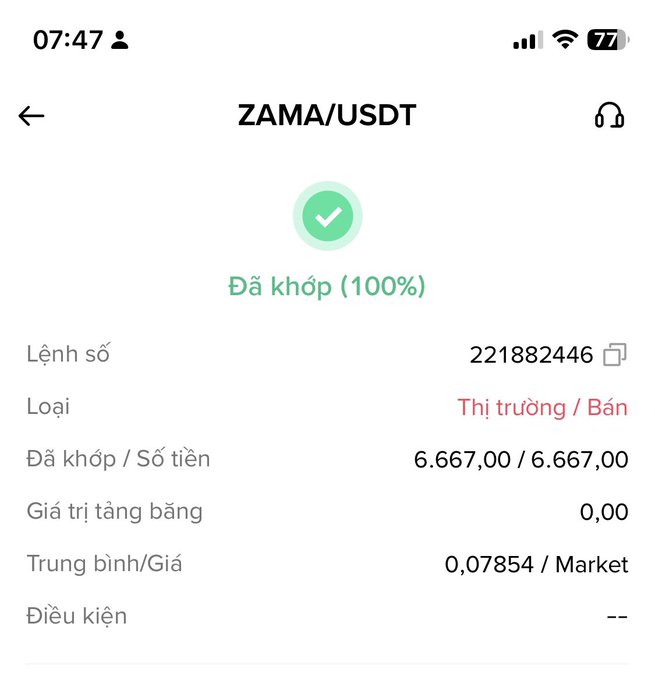 A screenshot of a completed cryptocurrency order on a trading app showing 'ZAMA/USDT', a 100% match status, and a sell order number of 2218824466.