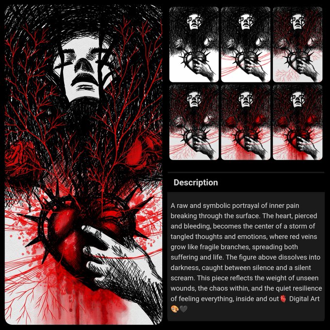 A digital art piece showing a red bloodied heart clutched in a hand, with thorns and red veins growing upward toward a screaming face.