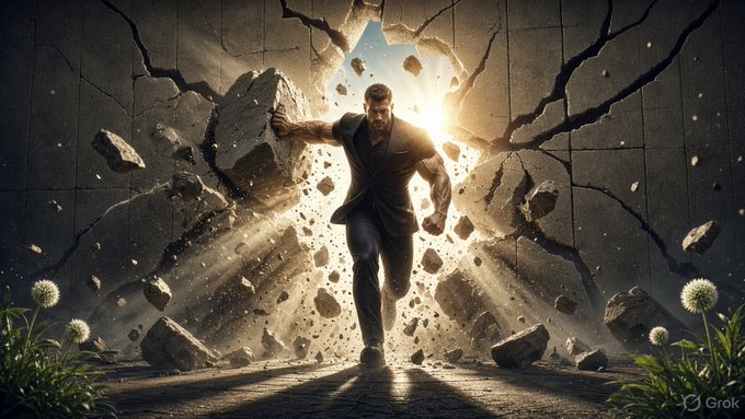 A digital artwork depicting a muscular man bursting through a concrete wall with a powerful forward punch, created by Grok.