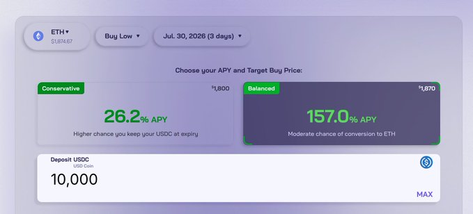 A cryptocurrency trading interface showing ETH at $1,814.67 with a 'Buy Low' option expiring July 30, 2026 (3 days), offering two APY choices: Conservative at 26.2% (target $1,800) and Balanced at 157.0% (target $1,870), with a USDC deposit of 10,000.