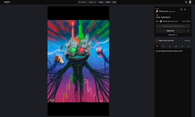 A digital artwork titled "TOTAL IMMERSION" by Chozen Lee is displayed in an objkt NFT marketplace interface, with the post noting the piece's $400 price point as a 1/1 edition and its prior display on a Miami Beach hotel facade during Art Week 2025. The image itself shows a vibrant, surreal floating castle scene with colorful neon lights and red/green orbs against a starry cosmic backdrop.