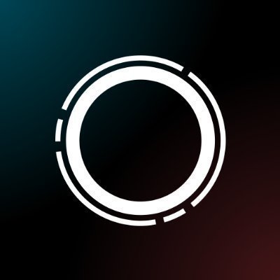 A minimalist logo featuring a circular ring design with segmented breaks against a dark blue and red gradient background.
